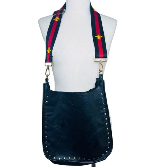 Ahdorned Studded  Leather Messenger Bag Embroidered Bee Strap & Gold Hardware - Picture 8 of 9